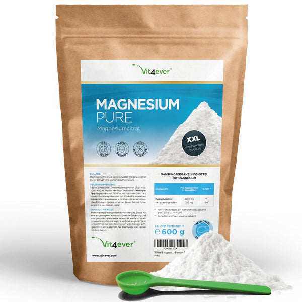 Magnesium Pure, 600 g Pulver, 100% Magnesiumcitrat - alterslos-leben